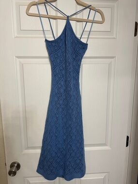 Sage Blue Crochet Knit Maxi Dress with Strappy Racerback